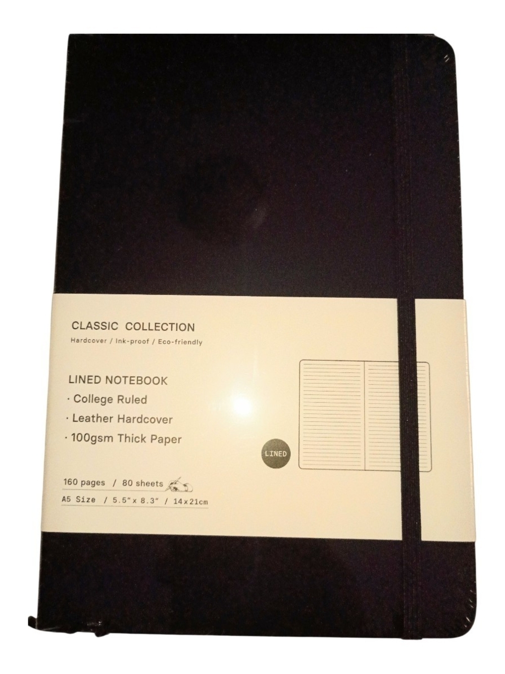IC COLLECTION Black Hardcover Lined Notebook with Elastic Band